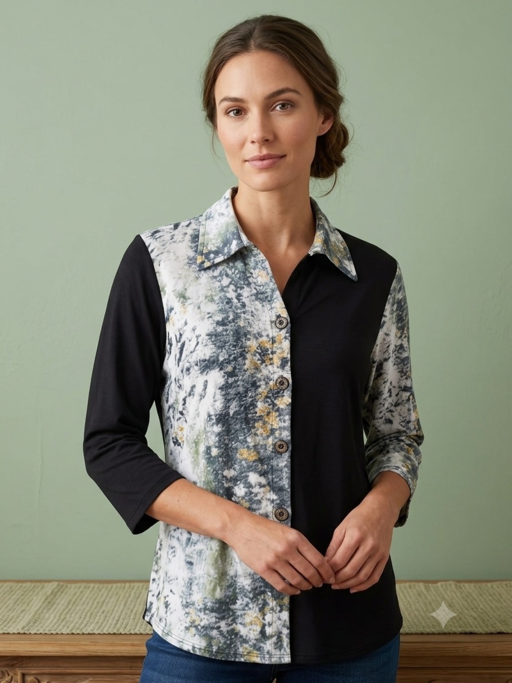 Parsley & Sage Black and Marble-Print Mixed Panel Button Down Top LG
